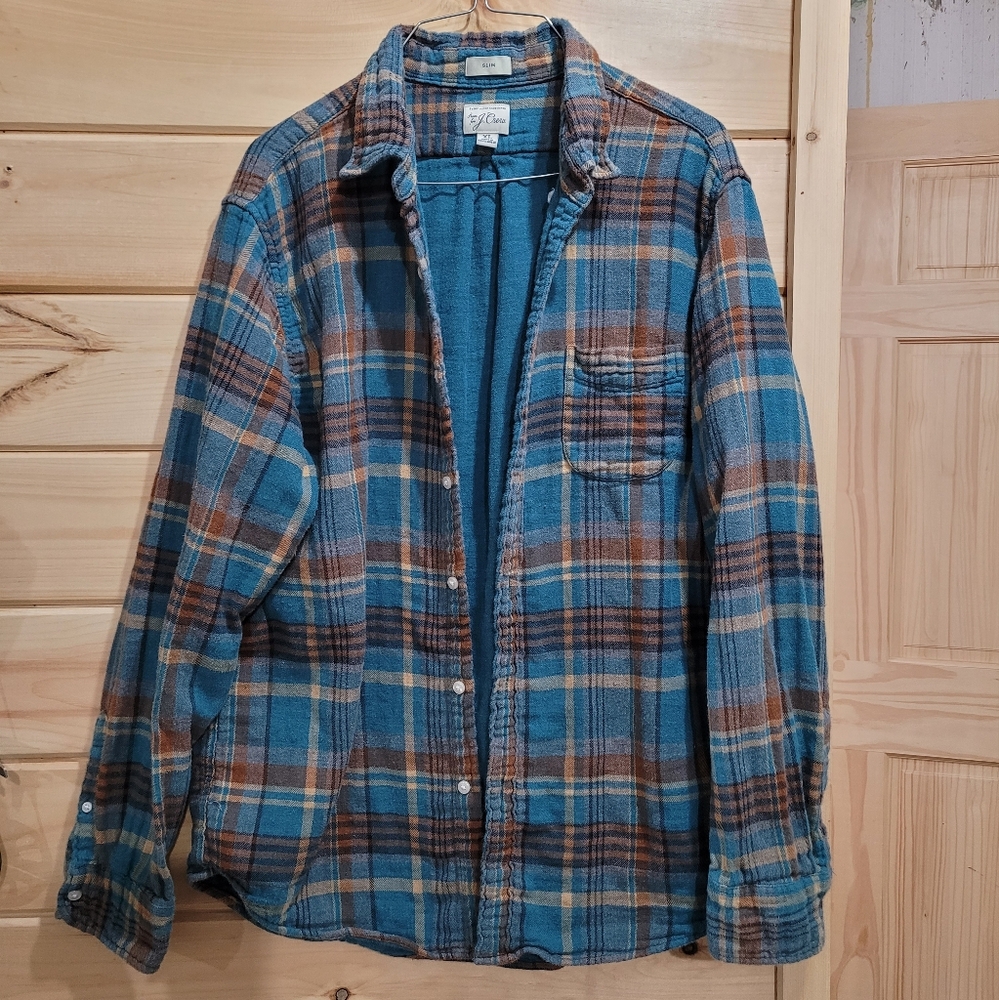 Sewn For J Crew Mens Plaid Flannel ButtonUp Slim Shirt 100% Cotton XL Blue Brow